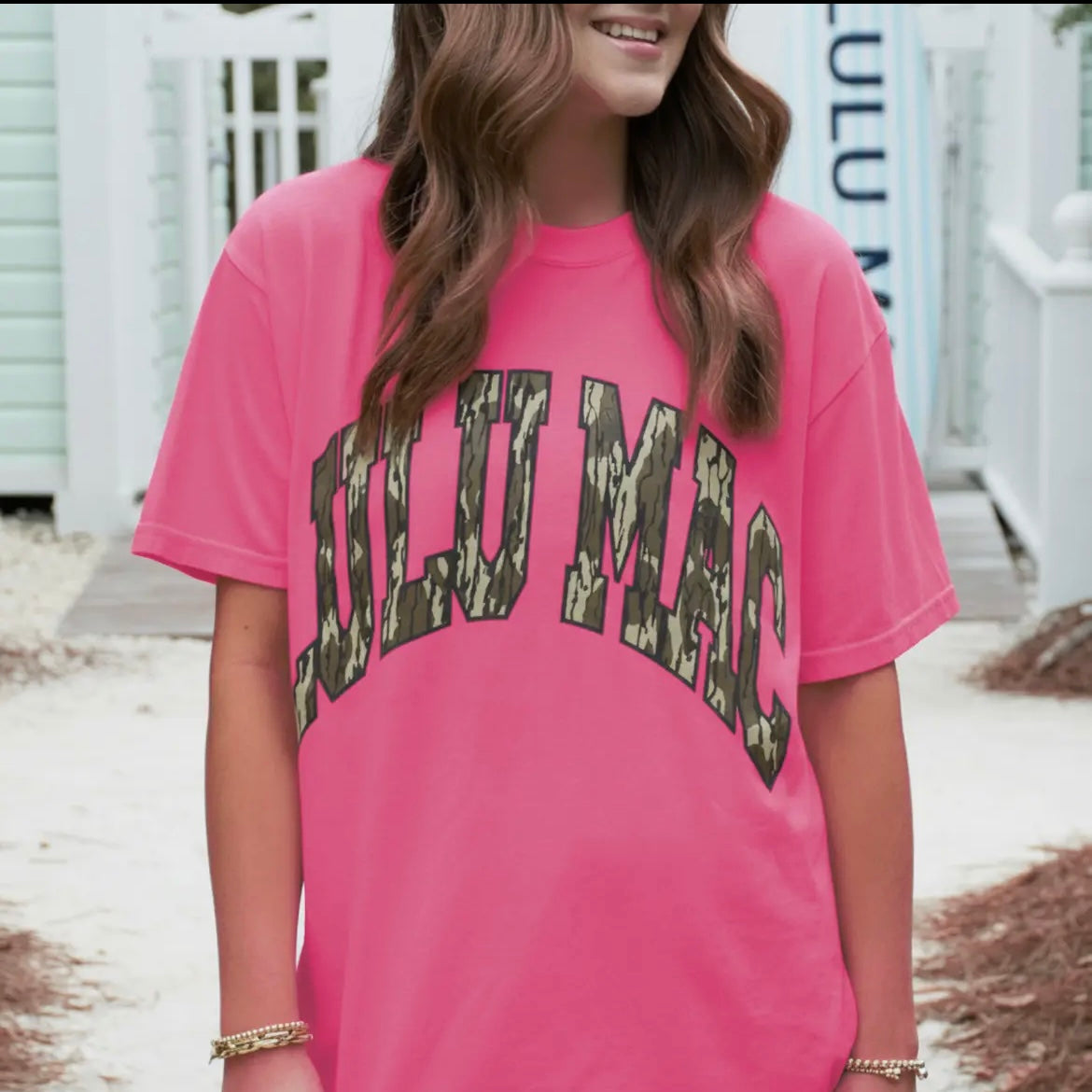 Lulu Mac camo on neon pink comfort colors tee