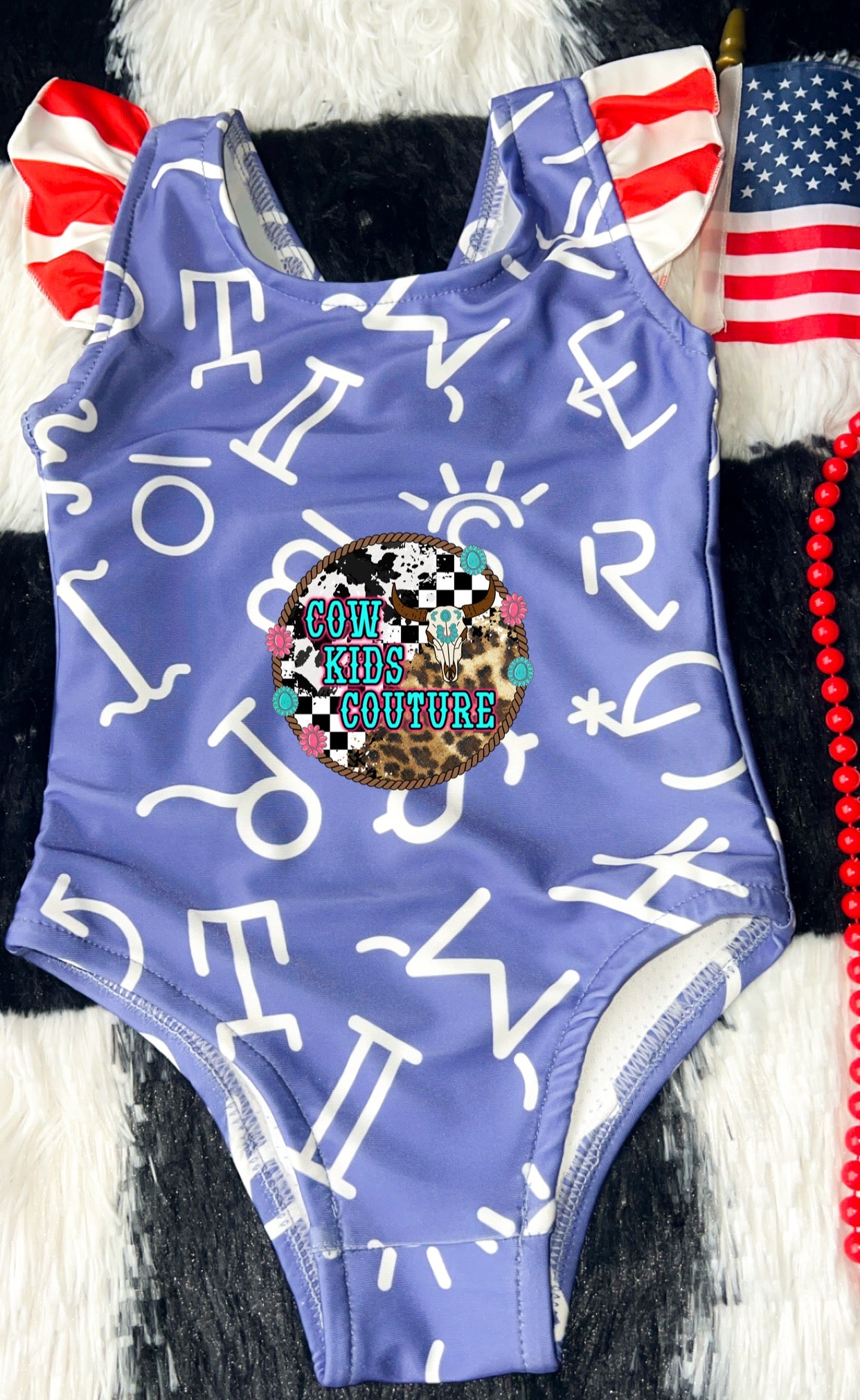 Red, white & ranch girls ruffle swimsuit