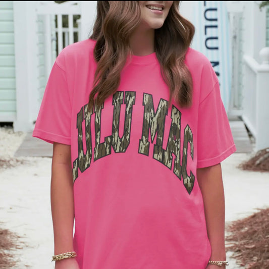 Lulu Mac camo on neon pink comfort colors tee